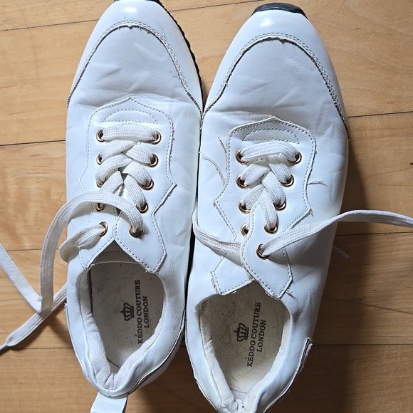 EURO RETRO FAUX LEATHER White GOLD STARS Platform Sneakers with Gold Trim 8.5 - Picture 6 of 12